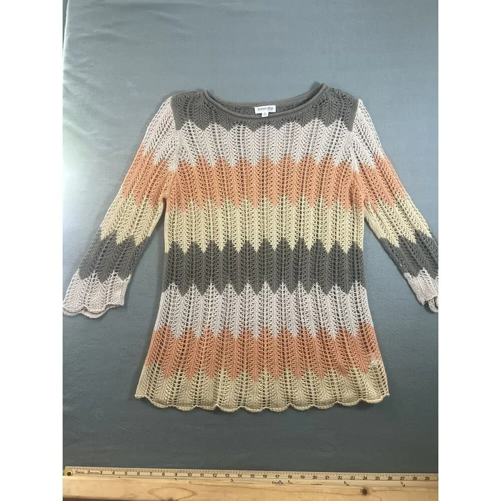 XL - St John's Bay Ladies Pullover Sweater L Multicolor 3/4 Sleeve Open Knit
